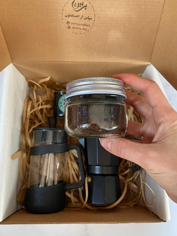 شیشه قهوه به همراه 50 گرم قهوه میکس ویژه مخصوص موکاپات شامل 50% عربیکا و 50% روبوستا