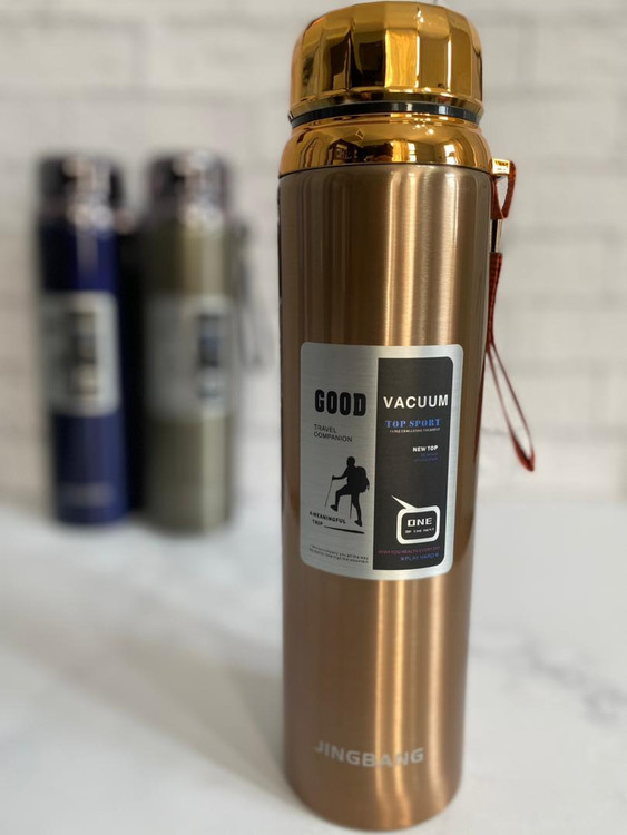 فلاسک استیل ۱ لیتری JingBang با بدنه ضدزنگ و درب لیوانی، مناسب سفر و روزمره