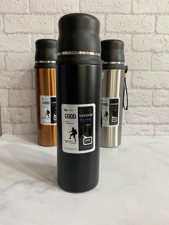 فلاسک استیل ۱ لیتری دوجداره با درب لیوانی و درب دکمهای ضدنشت