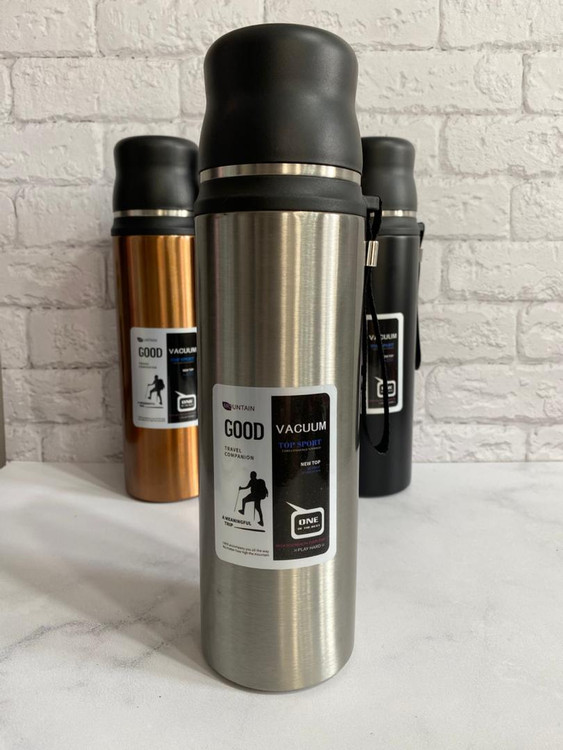 فلاسک استیل ۱ لیتری دوجداره با درب لیوانی و درب دکمهای ضدنشت