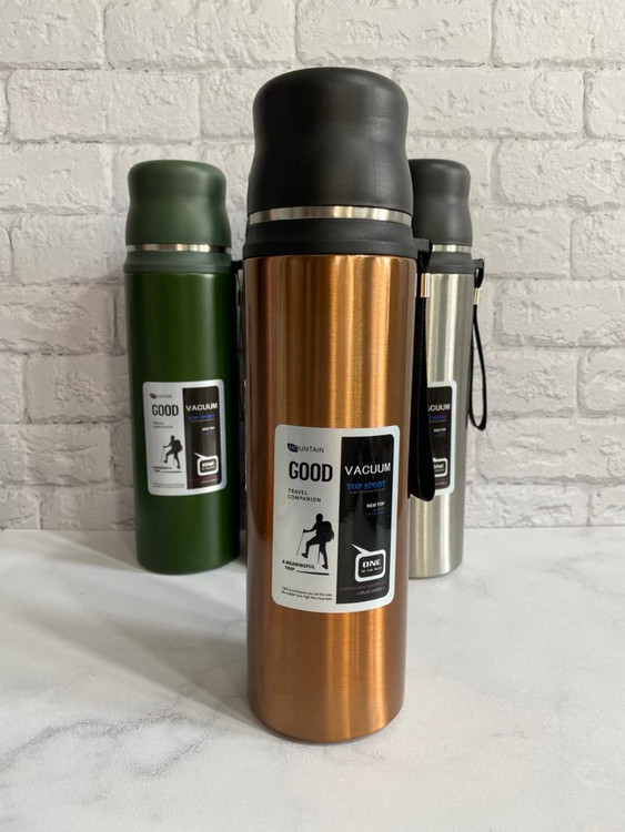 فلاسک استیل ۱ لیتری دوجداره با درب لیوانی و درب دکمهای ضدنشت