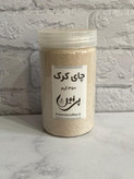 نمای رو به روی پودر چای کرک در جار پلاستیکی و وزن 350 گرمی