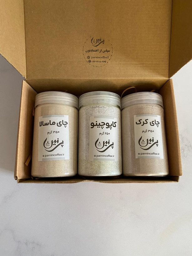 پک سهتایی نوشیدنی گرم شامل کاپوچینو، چای کرک و چای ماسالا