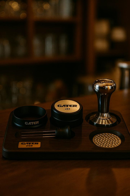 استند چوبی کنار دستگاه اسپرسوساز