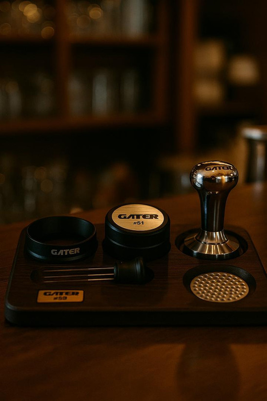 استند چوبی کنار دستگاه اسپرسوساز