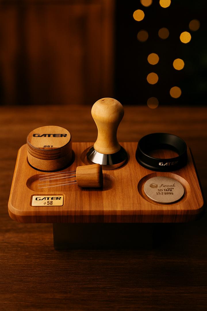 استند چوبی کنار دستگاه اسپرسوساز